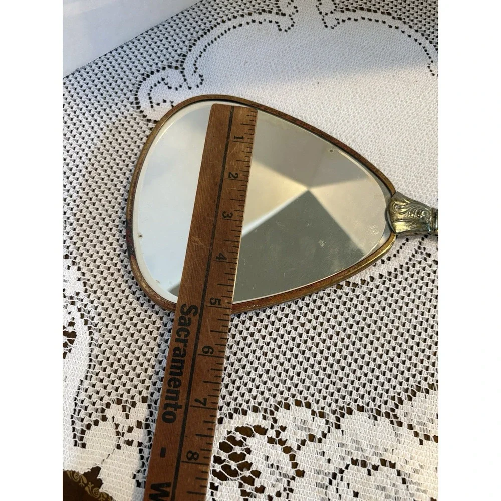 Vintage Hand Mirror Embroidered Floral Fabric Back Metal Decorative Handle 13in
